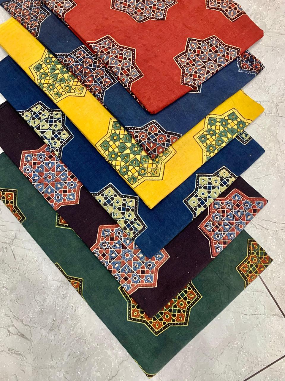 Ajrakh pure cotton handblock printed fabric with classic jaal pattern in natural dyes